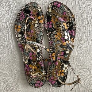 Sam Edelman black, pink, yellow and ivory T-strap sandals, gently used